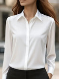2025 New Women's Long-sleeved Shirt 10 Color Lapel Satin Button Cardigan Office Commuting Elegant Simple Top Basic Blouses