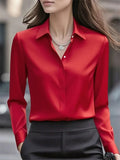 2025 New Women's Long-sleeved Shirt 10 Color Lapel Satin Button Cardigan Office Commuting Elegant Simple Top Basic Blouses