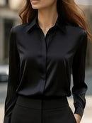 2025 New Women's Long-sleeved Shirt 10 Color Lapel Satin Button Cardigan Office Commuting Elegant Simple Top Basic Blouses