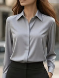 2025 New Women's Long-sleeved Shirt 10 Color Lapel Satin Button Cardigan Office Commuting Elegant Simple Top Basic Blouses